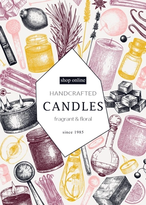 Scented candles card or flyer design. Hand-sketched aromatic materials and natural ingredients for candle making, cosmetics, perfumery. Great template for branding, packaging, identity, web banners.